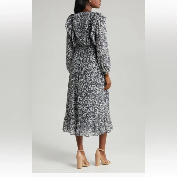 Sam Edelman Navy Wallpaper Paisley Smocked Waist Long Sleeve Dress NwT - Picture 3 of 6